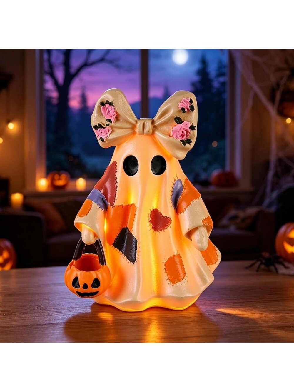 Vintage Patchwork Ghost Halloween Decor Pumpkin Lantern with LED Figurine Lamp